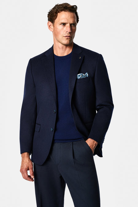 Orta Lacivert 4 Drop Relaxed Fit Mono Yaka Düz Yün Klasik Ceket