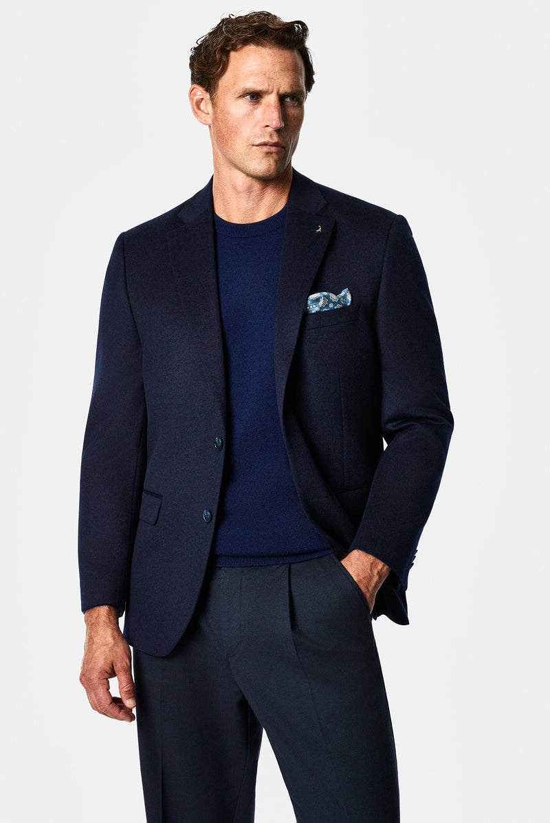 Orta Lacivert 4 Drop Relaxed Fit Mono Yaka Düz Yün Klasik Ceket