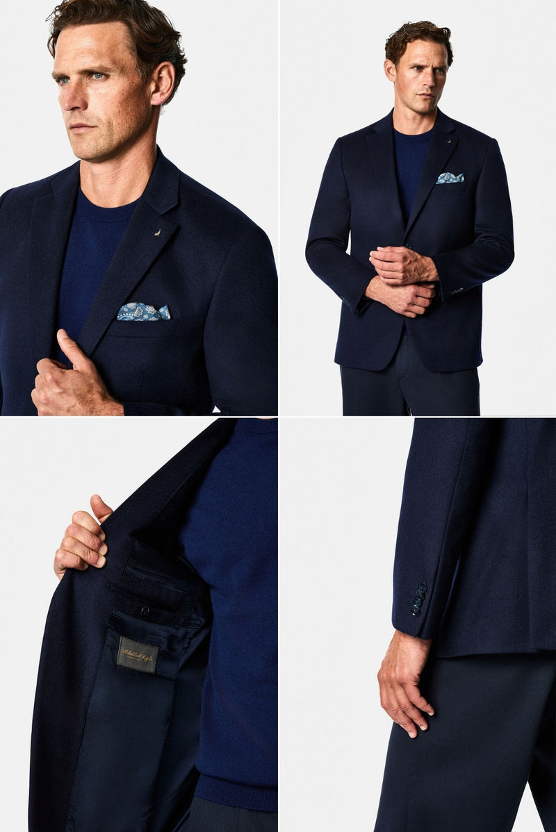 Orta Lacivert 4 Drop Relaxed Fit Mono Yaka Düz Yün Klasik Ceket