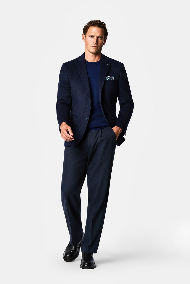 Orta Lacivert 4 Drop Relaxed Fit Mono Yaka Düz Yün Klasik Ceket