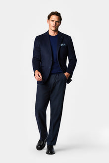 Orta Lacivert 4 Drop Relaxed Fit Mono Yaka Düz Yün Klasik Ceket