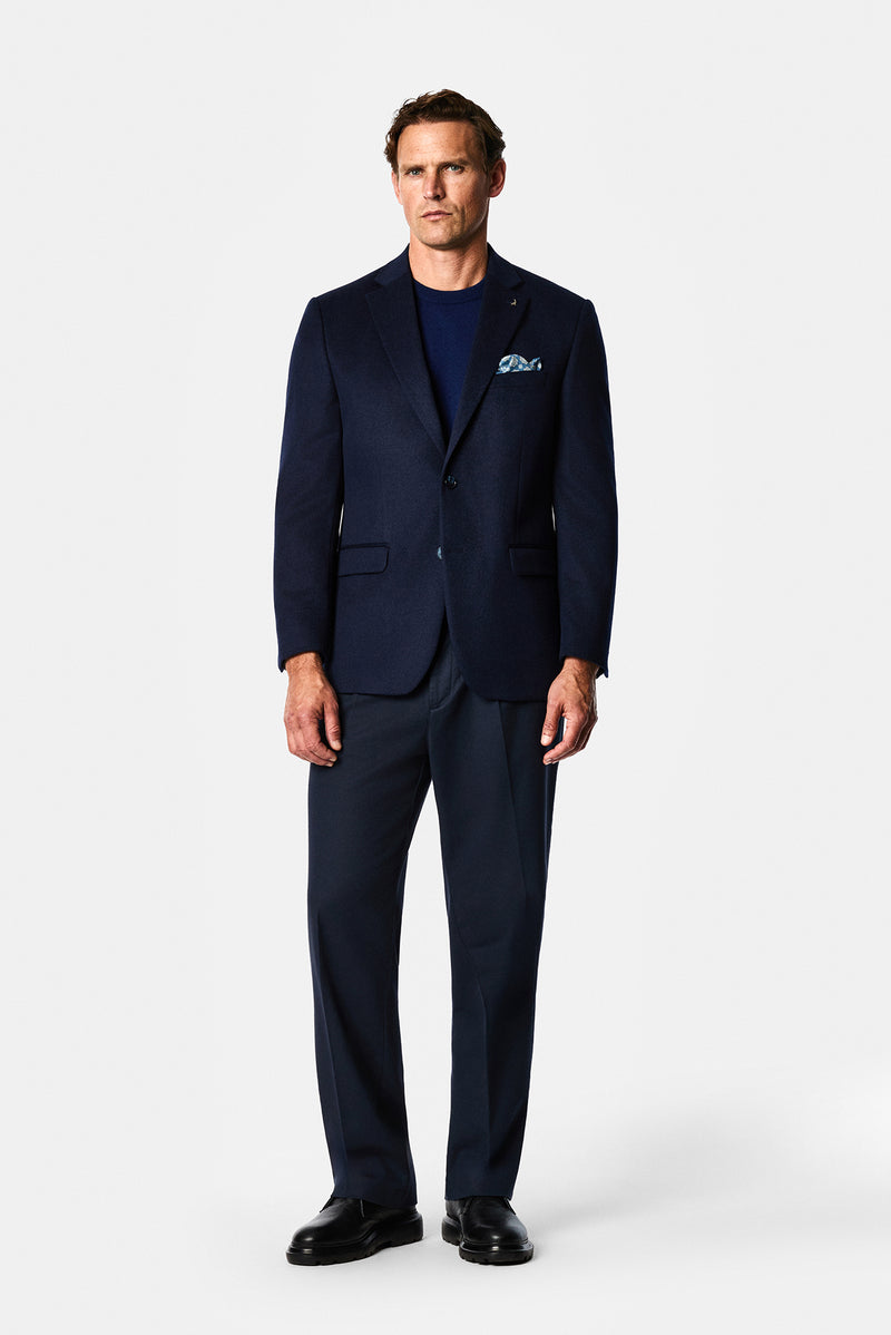 Orta Lacivert 4 Drop Relaxed Fit Mono Yaka Düz Yün Klasik Ceket