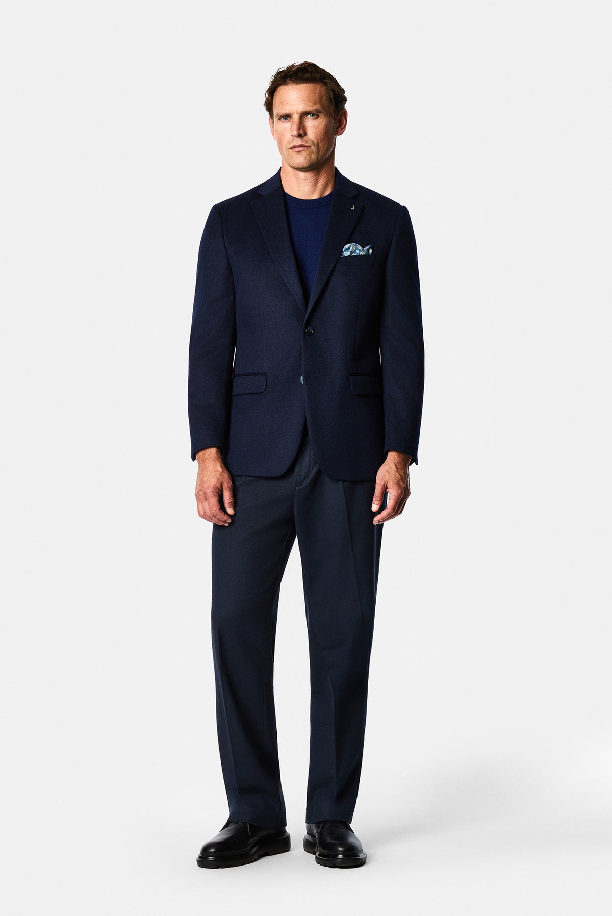 Orta Lacivert 4 Drop Relaxed Fit Mono Yaka Düz Yün Klasik Ceket