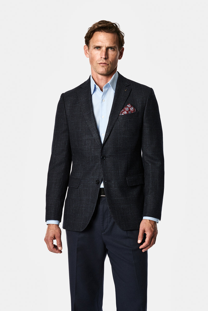 Koyu Lacivert 6 Drop Regular Fit Standart Kesim İpek Yün Karışımlı Mono Yaka Ekose İtalyan Klasik Ceket