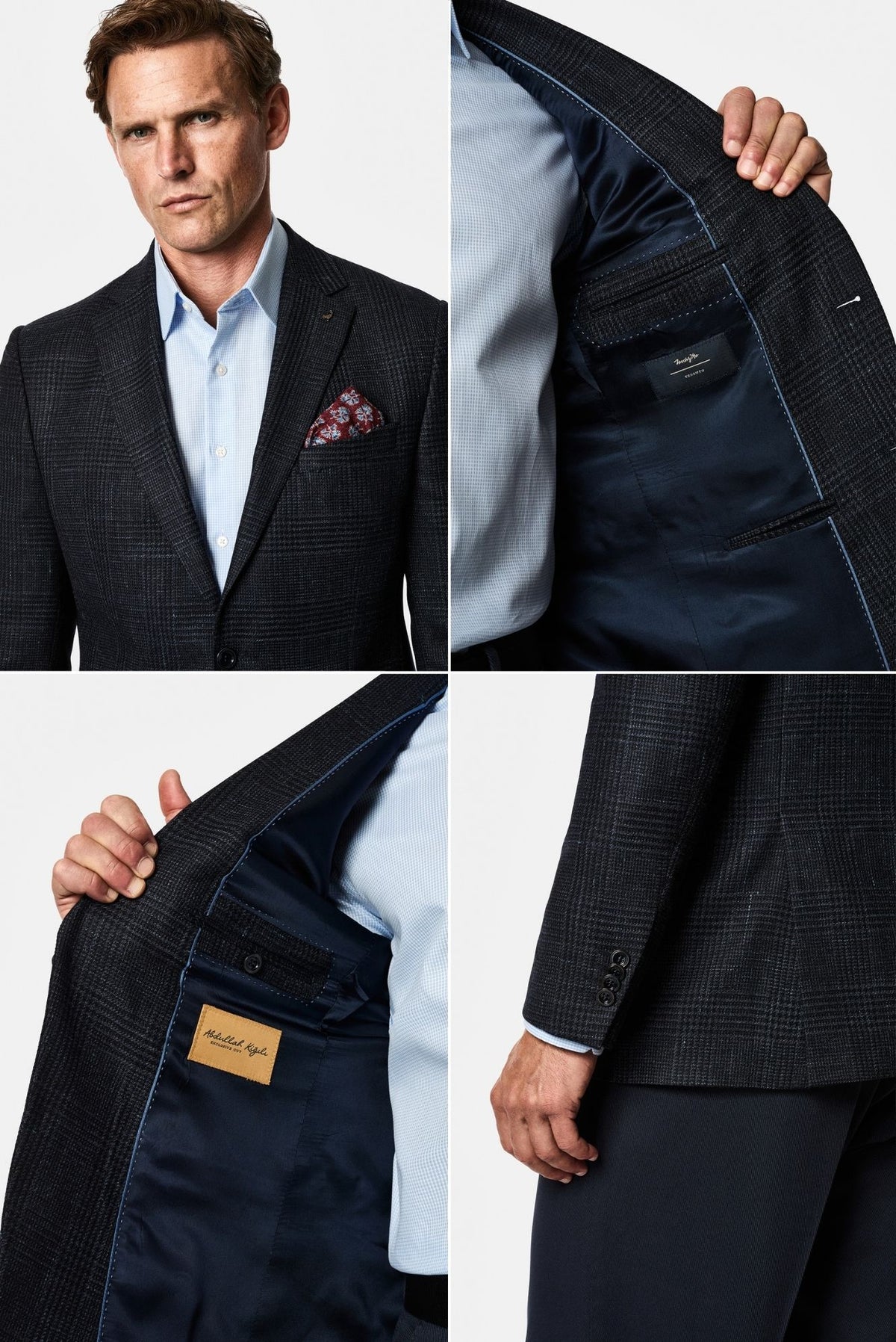 Koyu Lacivert 6 Drop Regular Fit Mono Yaka Ekose İpek - Yün Karışımlı İtalyan Klasik Ceket