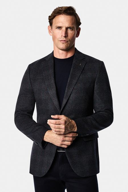 Koyu Lacivert 6 Drop Regular Fit Mono Yaka Ekose Yünlü Klasik Ceket