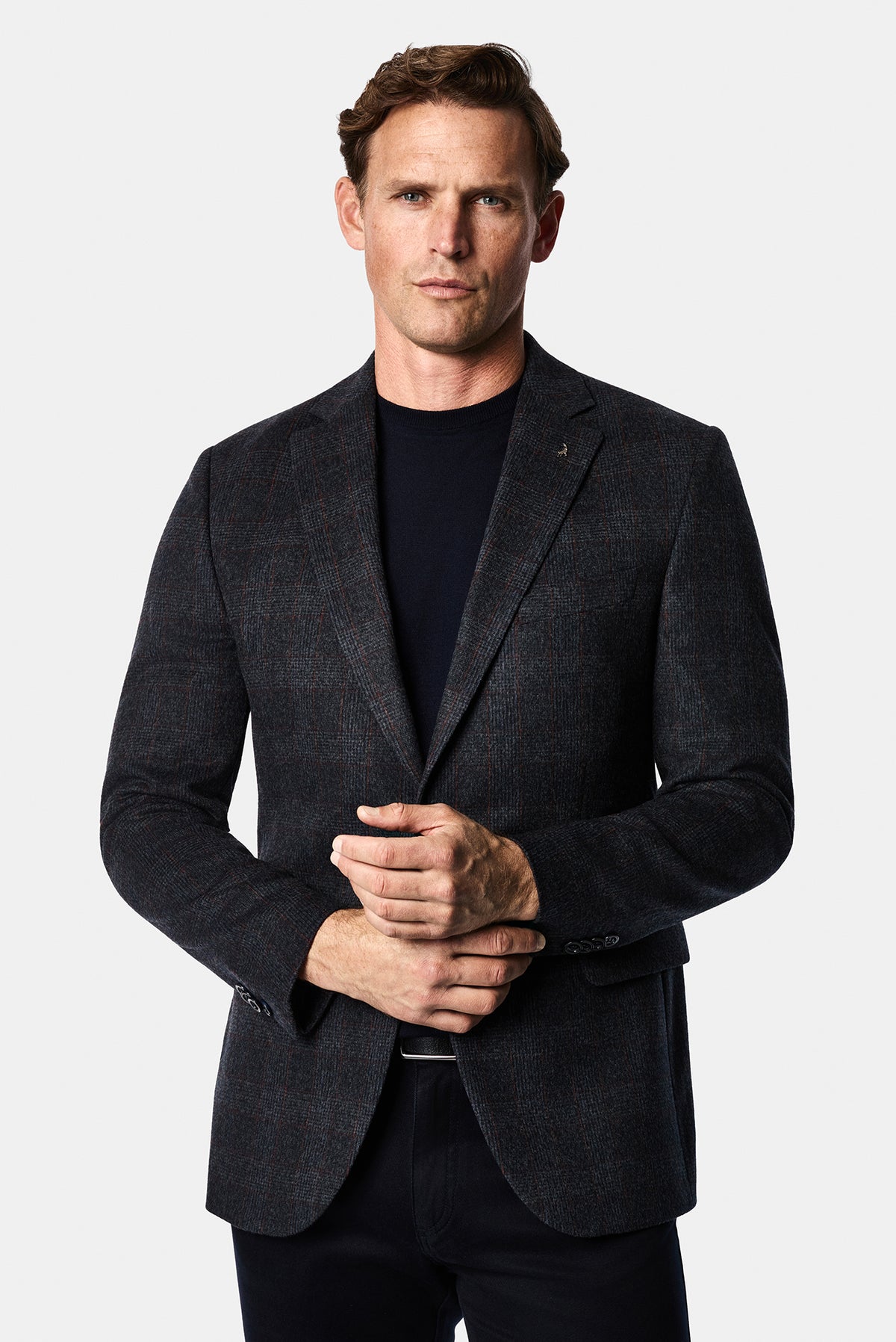 Koyu Lacivert 6 Drop Regular Fit Mono Yaka Ekose Yünlü Klasik Ceket
