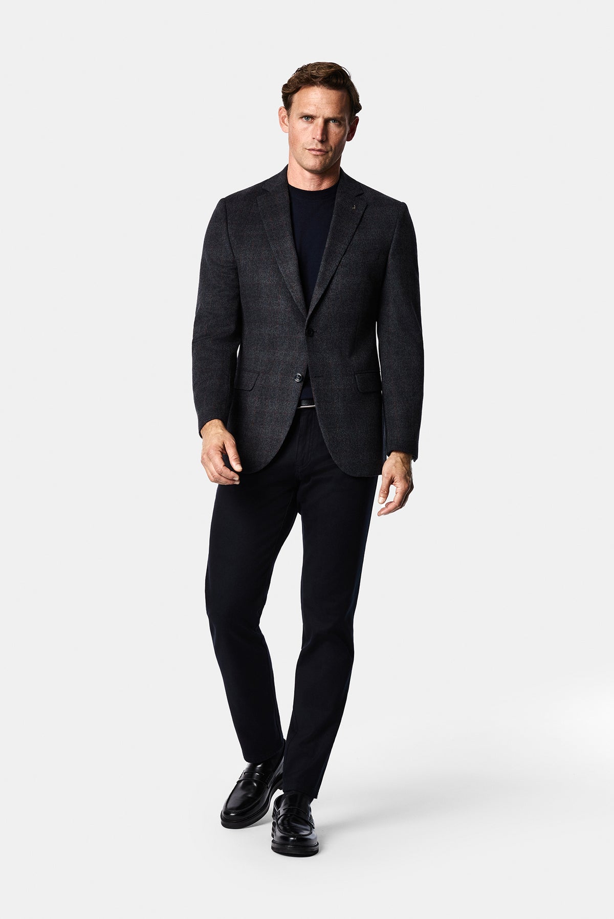 Koyu Lacivert 6 Drop Regular Fit Mono Yaka Ekose Yünlü Klasik Ceket