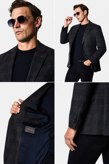 Koyu Lacivert 6 Drop Regular Fit Mono Yaka Ekose Yünlü Klasik Ceket