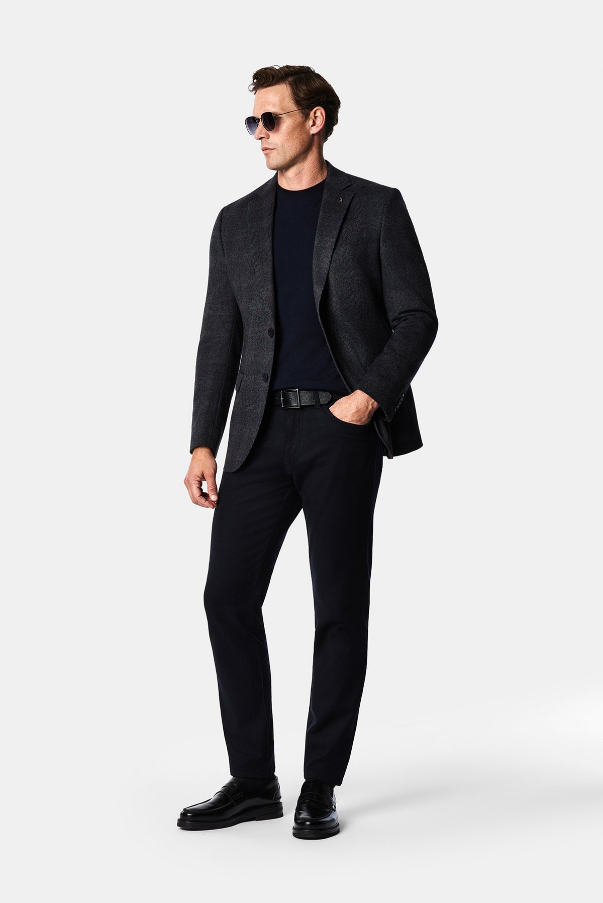 Koyu Lacivert 6 Drop Regular Fit Mono Yaka Ekose Yünlü Klasik Ceket