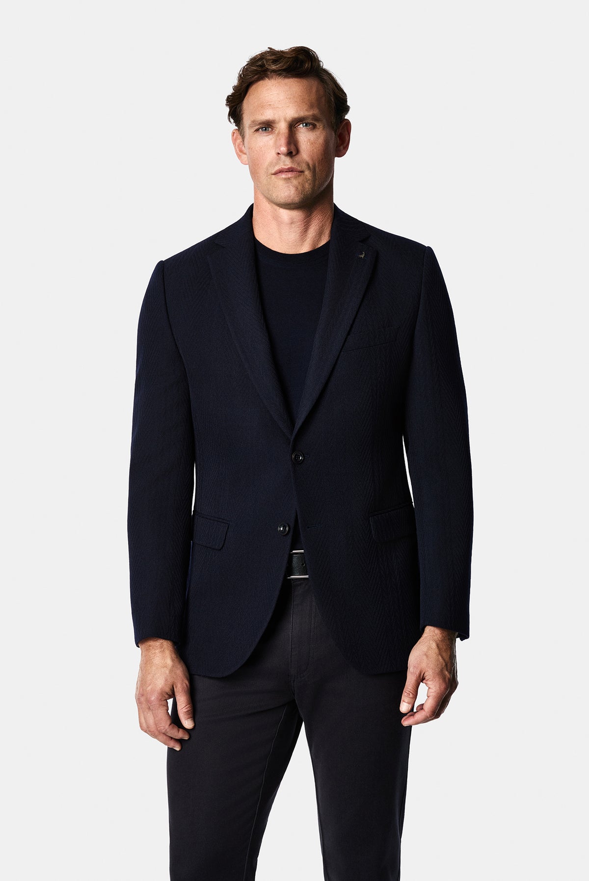 Koyu Lacivert 6 Drop Regular Fit Mono Yaka Balıksırtı Desen Yün Klasik Ceket