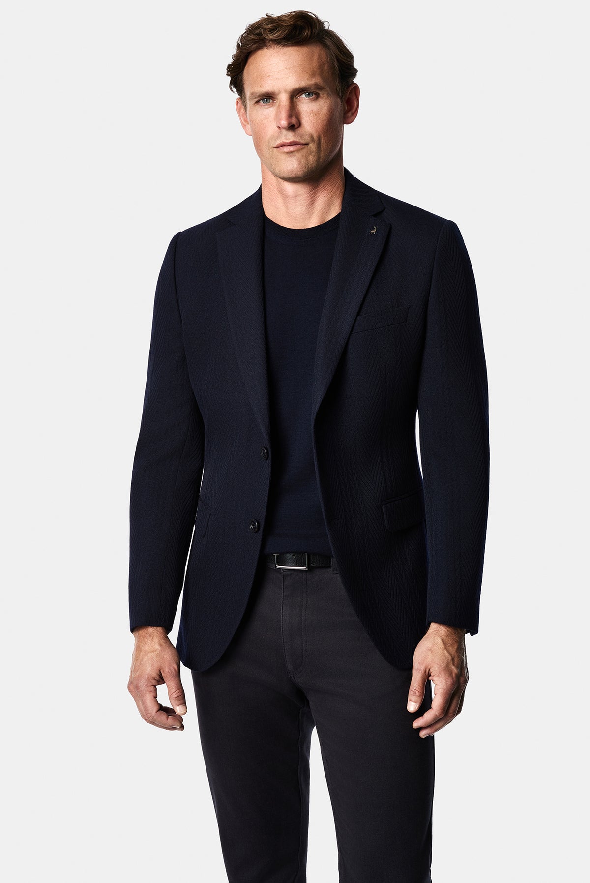 Koyu Lacivert 6 Drop Regular Fit Mono Yaka Balıksırtı Desen Yün Klasik Ceket