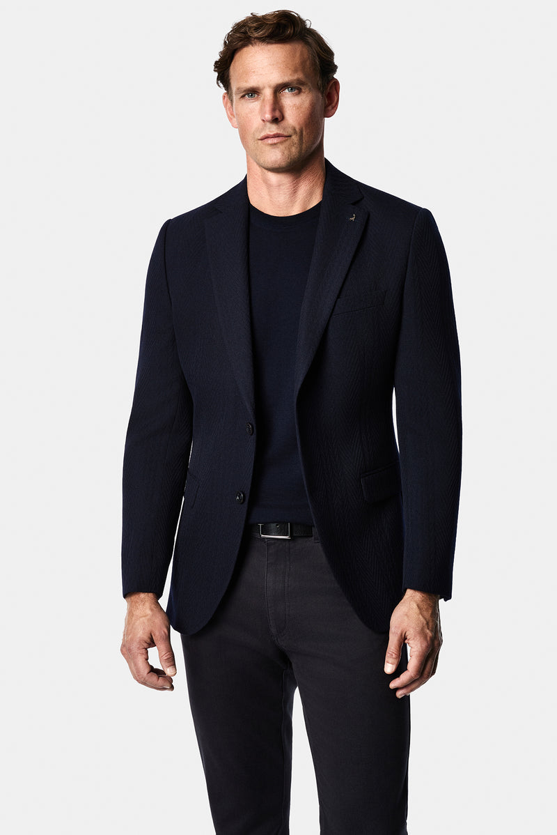 Koyu Lacivert 6 Drop Regular Fit Mono Yaka Balıksırtı Desen Yün Klasik Ceket