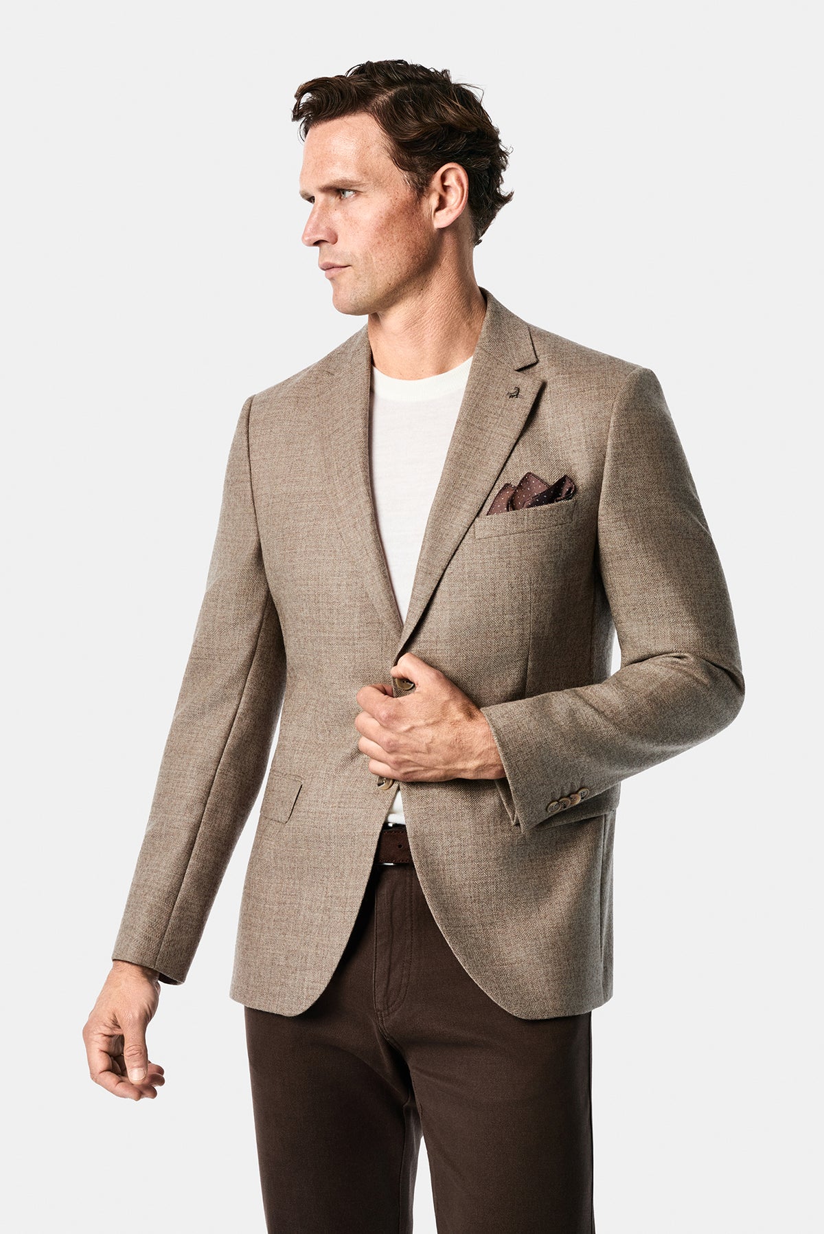 Açık Bej 7 Drop Slim Fit Mono Yaka Düz Yün Klasik Ceket