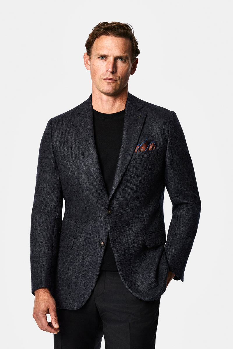 Koyu Lacivert 6 Drop Regular Fit Standart Kesim Kaşmir Yün Karışımlı Desenli İtalyan Ceket