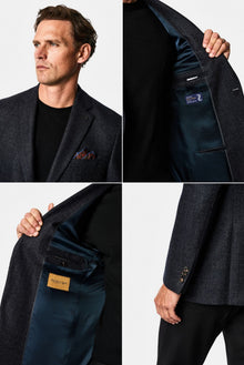 Koyu Lacivert 6 Drop Regular Fit Standart Kesim Kaşmir Yün Karışımlı Desenli İtalyan Ceket