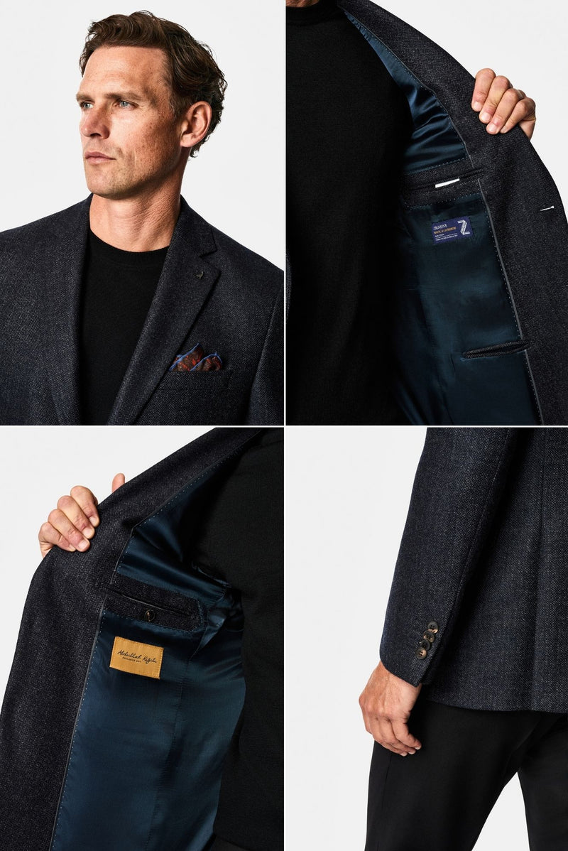 Koyu Lacivert 6 Drop Regular Fit Standart Kesim Kaşmir Yün Karışımlı Desenli İtalyan Ceket