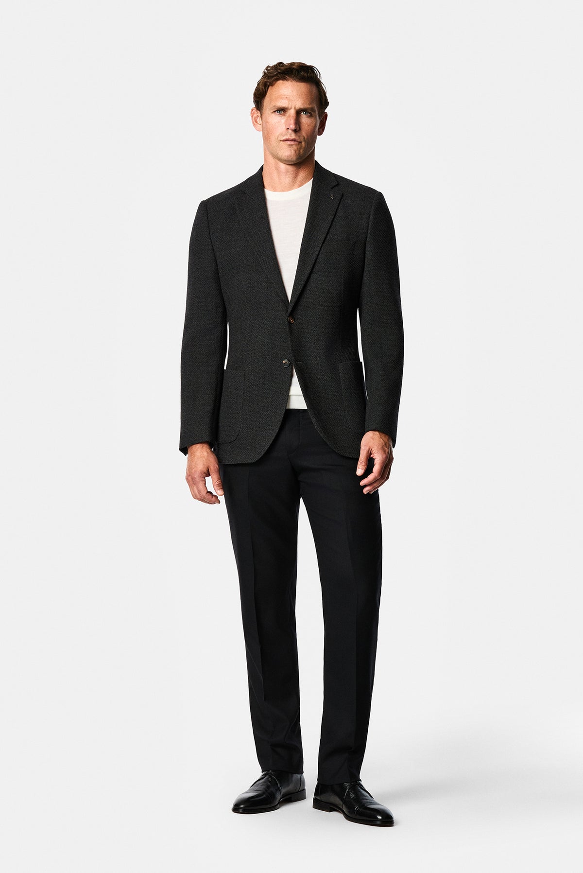 Koyu Antrasit 7 Drop Slim Fit Dar Kesim Yün Karışımlı Mono Yaka Desenli Spor İtalyan Ceket