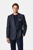 Orta Lacivert 4 Drop Relaxed Fit Rahat Kesim Yün Kaşmir Karışımlı Mono Yaka Desenli İtalyan Ceket