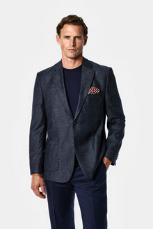 Orta Lacivert 4 Drop Relaxed Fit Rahat Kesim Yün Kaşmir Karışımlı Mono Yaka Desenli İtalyan Ceket