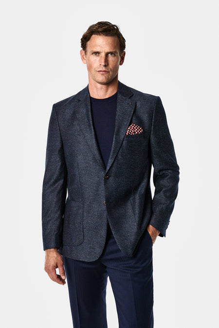 Orta Lacivert 4 Drop Relaxed Fit Rahat Kesim Yün Kaşmir Karışımlı Mono Yaka Desenli İtalyan Ceket