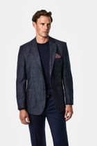 Orta Lacivert 4 Drop Relaxed Fit Rahat Kesim Yün Kaşmir Karışımlı Mono Yaka Desenli İtalyan Ceket