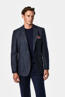 Orta Lacivert 4 Drop Relaxed Fit Rahat Kesim Yün Kaşmir Karışımlı Mono Yaka Desenli İtalyan Ceket