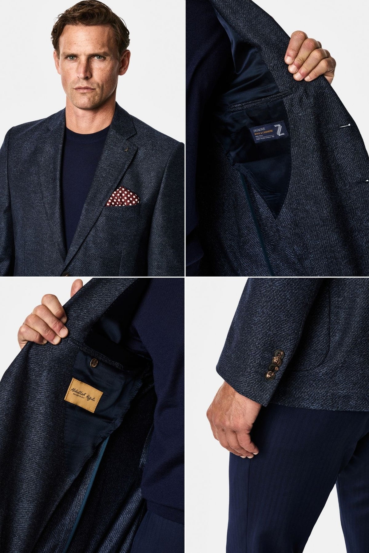 Orta Lacivert 4 Drop Relaxed Fit Rahat Kesim Yün Kaşmir Karışımlı Mono Yaka Desenli İtalyan Ceket