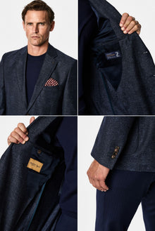 Orta Lacivert 4 Drop Relaxed Fit Rahat Kesim Yün Kaşmir Karışımlı Mono Yaka Desenli İtalyan Ceket