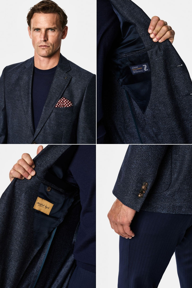 Orta Lacivert 4 Drop Relaxed Fit Rahat Kesim Yün Kaşmir Karışımlı Mono Yaka Desenli İtalyan Ceket