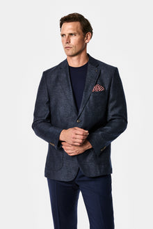 Orta Lacivert 4 Drop Relaxed Fit Rahat Kesim Yün Kaşmir Karışımlı Mono Yaka Desenli İtalyan Ceket