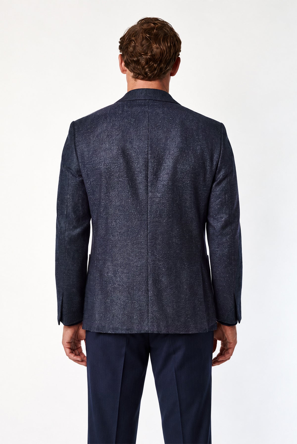 Orta Lacivert 4 Drop Relaxed Fit Rahat Kesim Yün Kaşmir Karışımlı Mono Yaka Desenli İtalyan Ceket