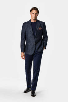 Orta Lacivert 4 Drop Relaxed Fit Rahat Kesim Yün Kaşmir Karışımlı Mono Yaka Desenli İtalyan Ceket