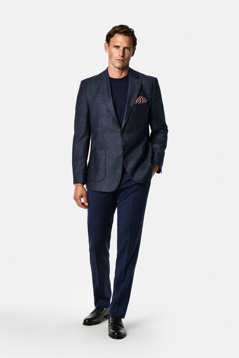 Orta Lacivert 4 Drop Relaxed Fit Rahat Kesim Yün Kaşmir Karışımlı Mono Yaka Desenli İtalyan Ceket