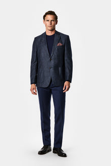 Orta Lacivert 4 Drop Relaxed Fit Rahat Kesim Yün Kaşmir Karışımlı Mono Yaka Desenli İtalyan Ceket