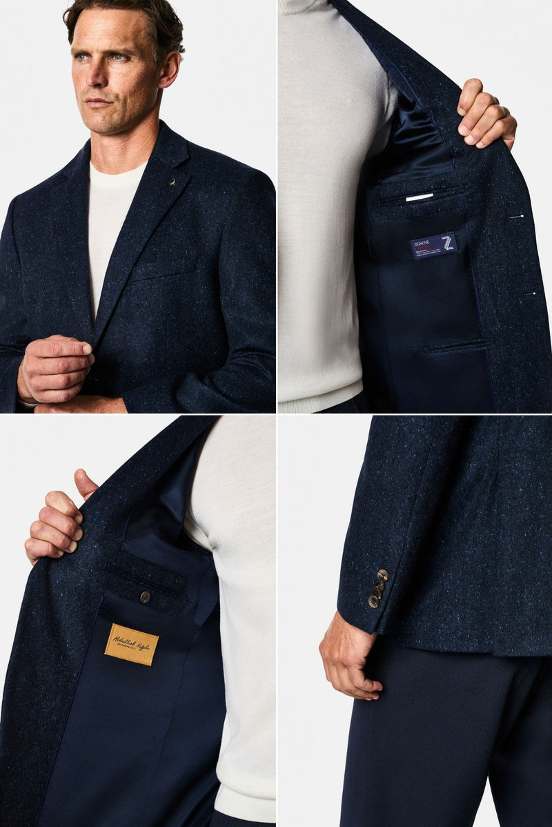 Koyu Lacivert 4 Drop Relaxed Fit Mono Yaka Balıksırtı Yünlü Klasik Ceket