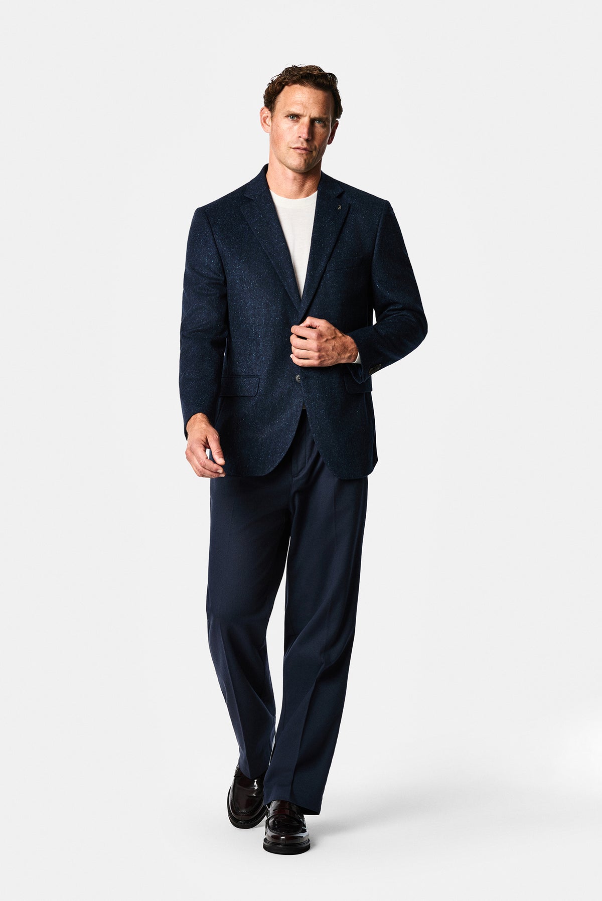 Koyu Lacivert 4 Drop Relaxed Fit Mono Yaka Balıksırtı Yünlü Klasik Ceket