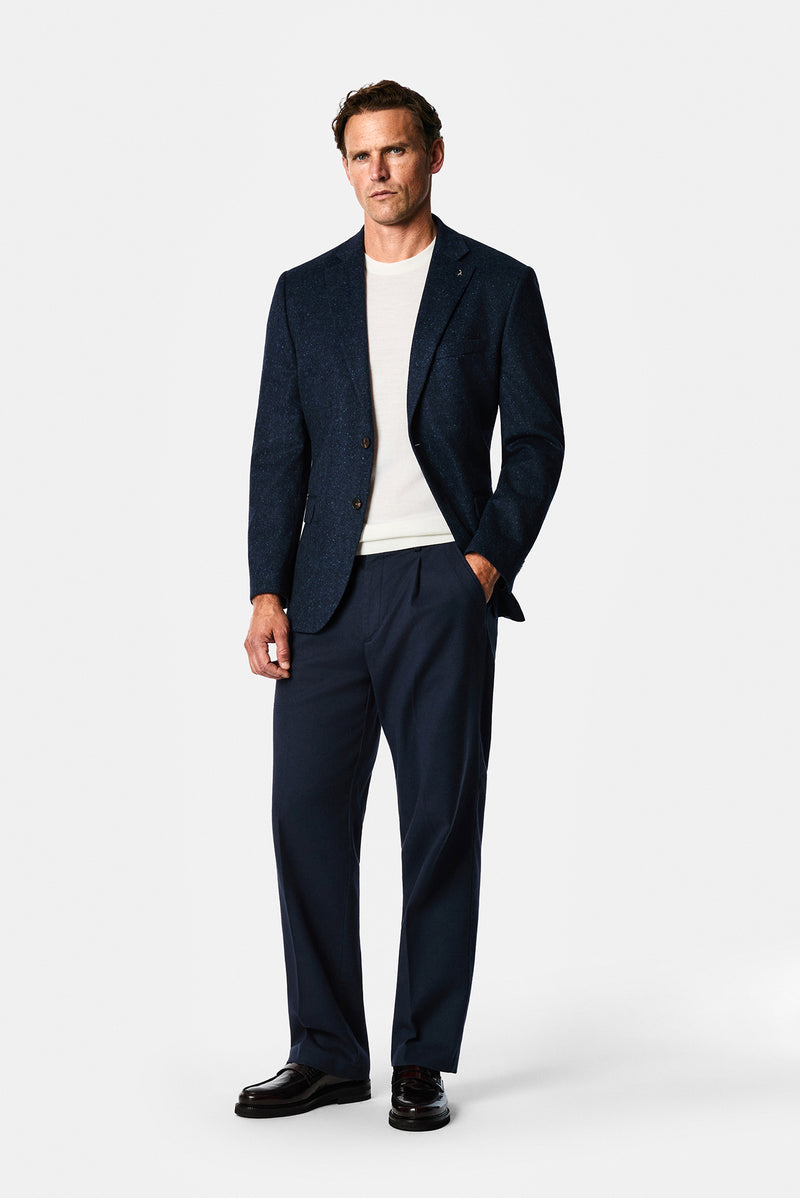 Koyu Lacivert 4 Drop Relaxed Fit Mono Yaka Balıksırtı Yünlü Klasik Ceket