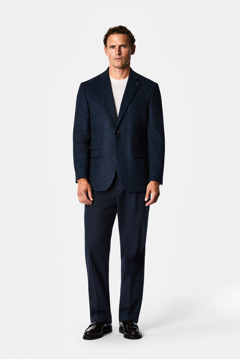 Koyu Lacivert 4 Drop Relaxed Fit Mono Yaka Balıksırtı Yünlü Klasik Ceket