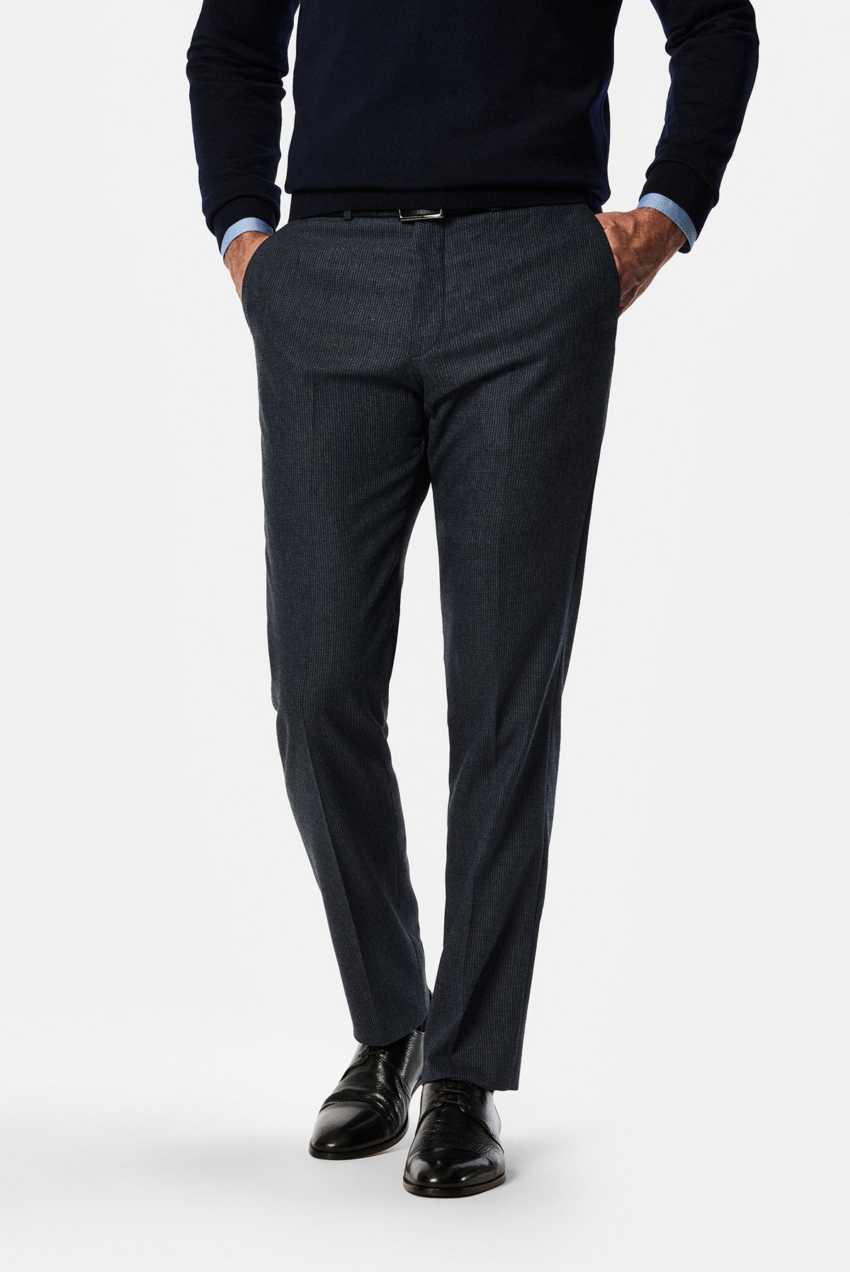 Koyu Lacivert 6 Drop Regular Fit Armürlü Yünlü Klasik Pantolon