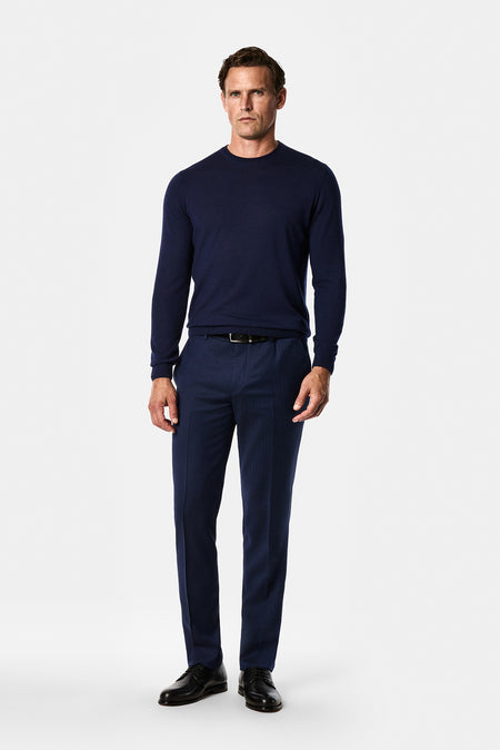 Koyu Lacivert 7 Drop Slim Fit Dar Kesim %100 Yün Desenli Klasik Kumaş Pantolon