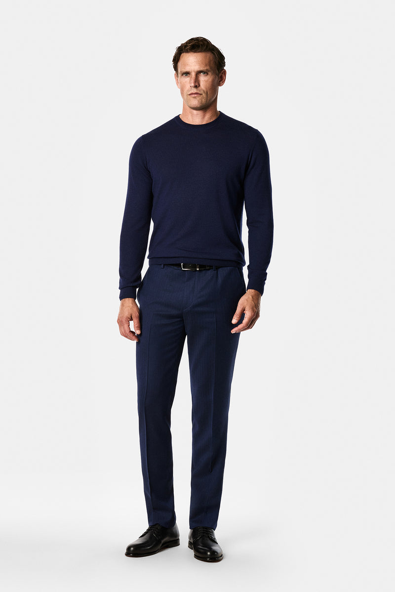 Koyu Lacivert 7 Drop Slim Fit Dar Kesim %100 Yün Desenli Klasik Kumaş Pantolon