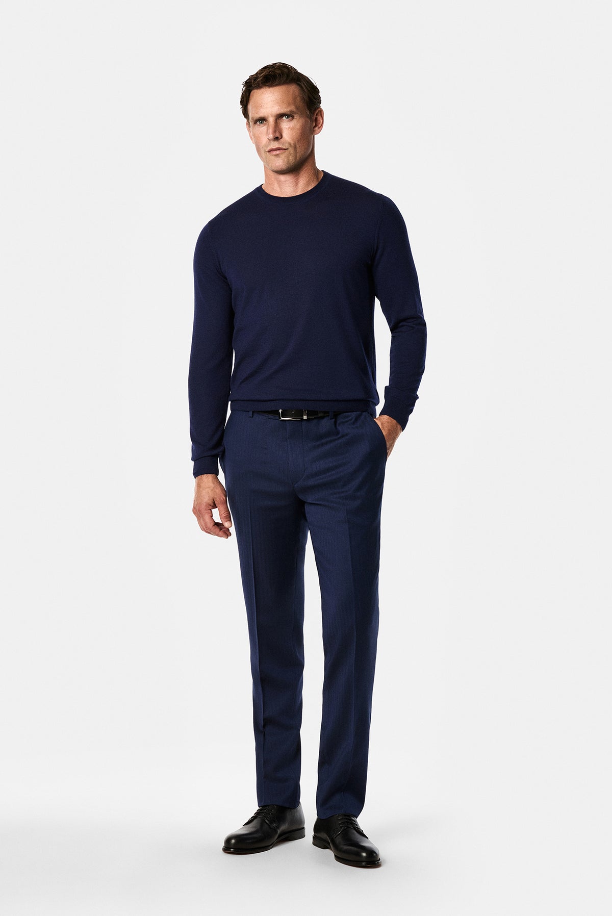 Koyu Lacivert 7 Drop Slim Fit Dar Kesim %100 Yün Desenli Klasik Kumaş Pantolon