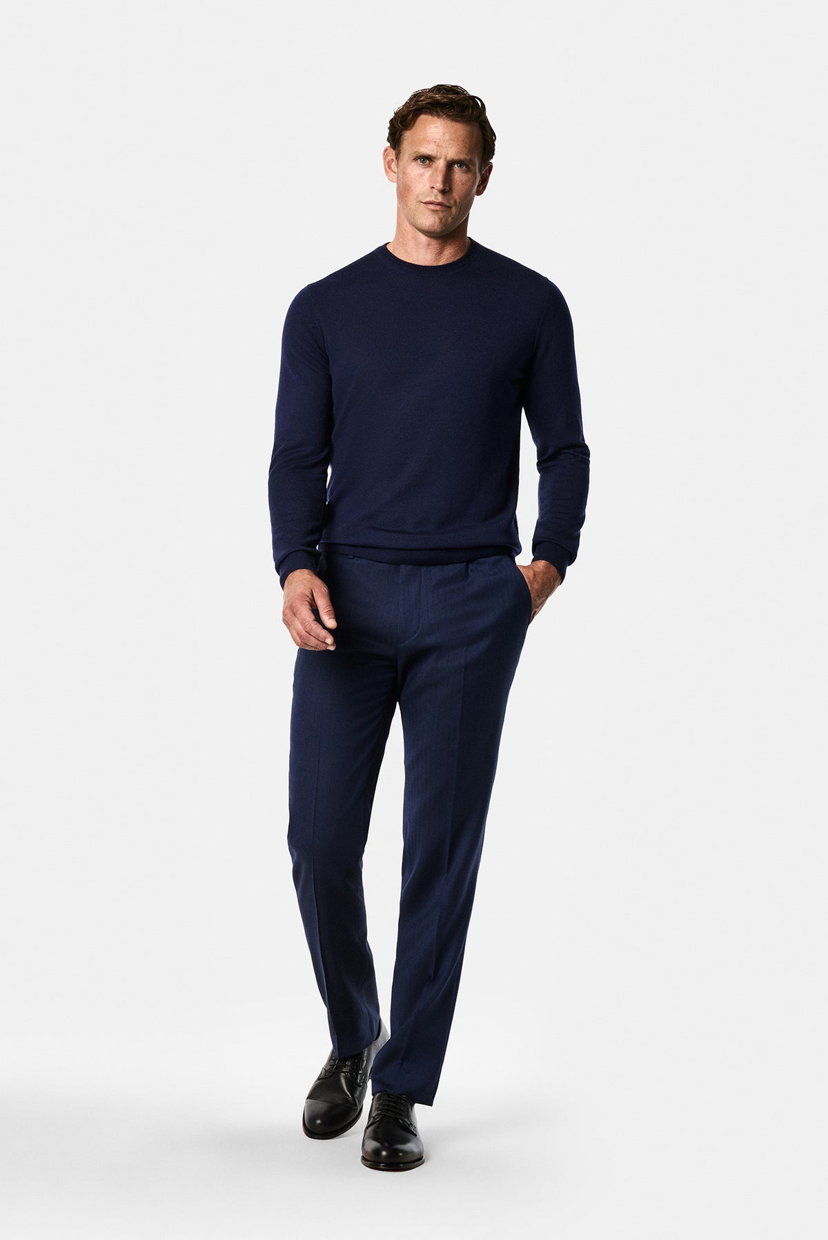 Koyu Lacivert 7 Drop Slim Fit Dar Kesim %100 Yün Desenli Klasik Kumaş Pantolon