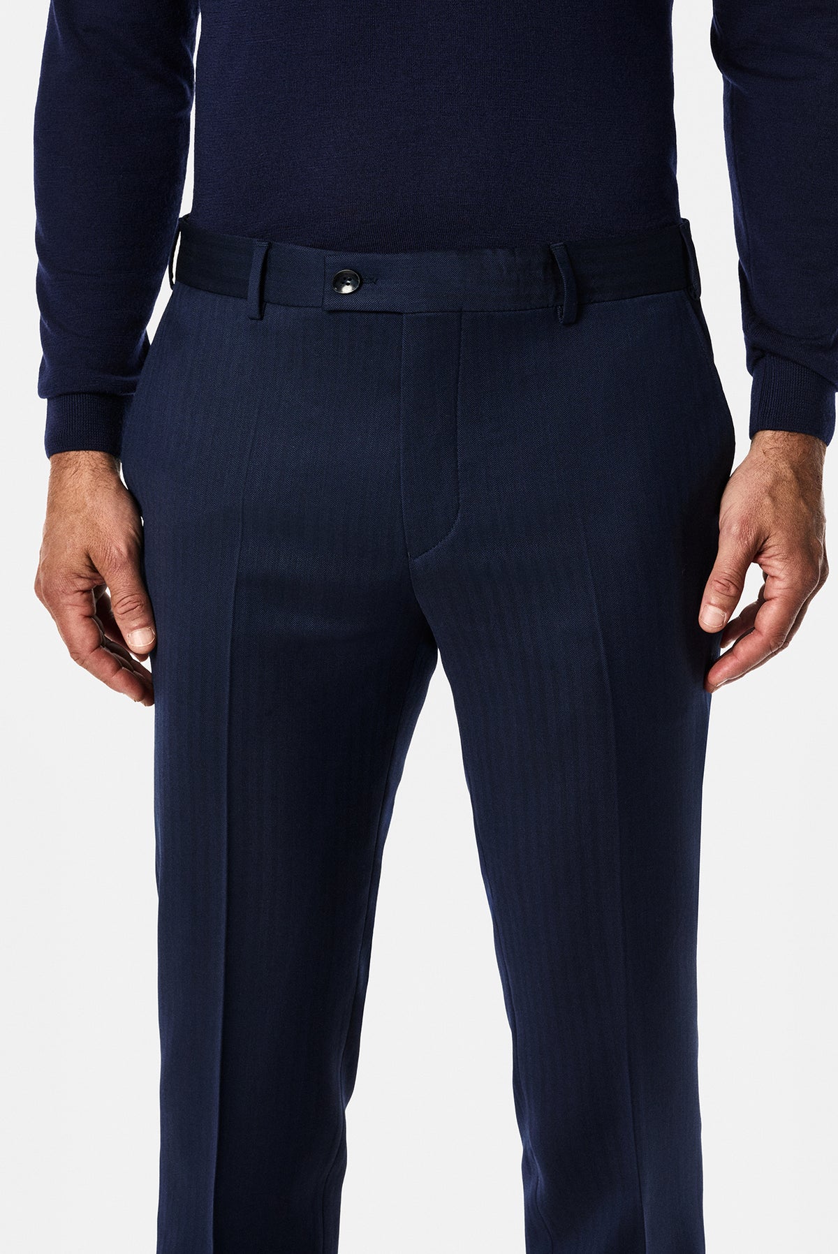 Koyu Lacivert 7 Drop Slim Fit Dar Kesim %100 Yün Desenli Klasik Kumaş Pantolon