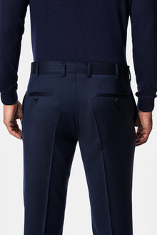 Koyu Lacivert 7 Drop Slim Fit Dar Kesim %100 Yün Desenli Klasik Kumaş Pantolon