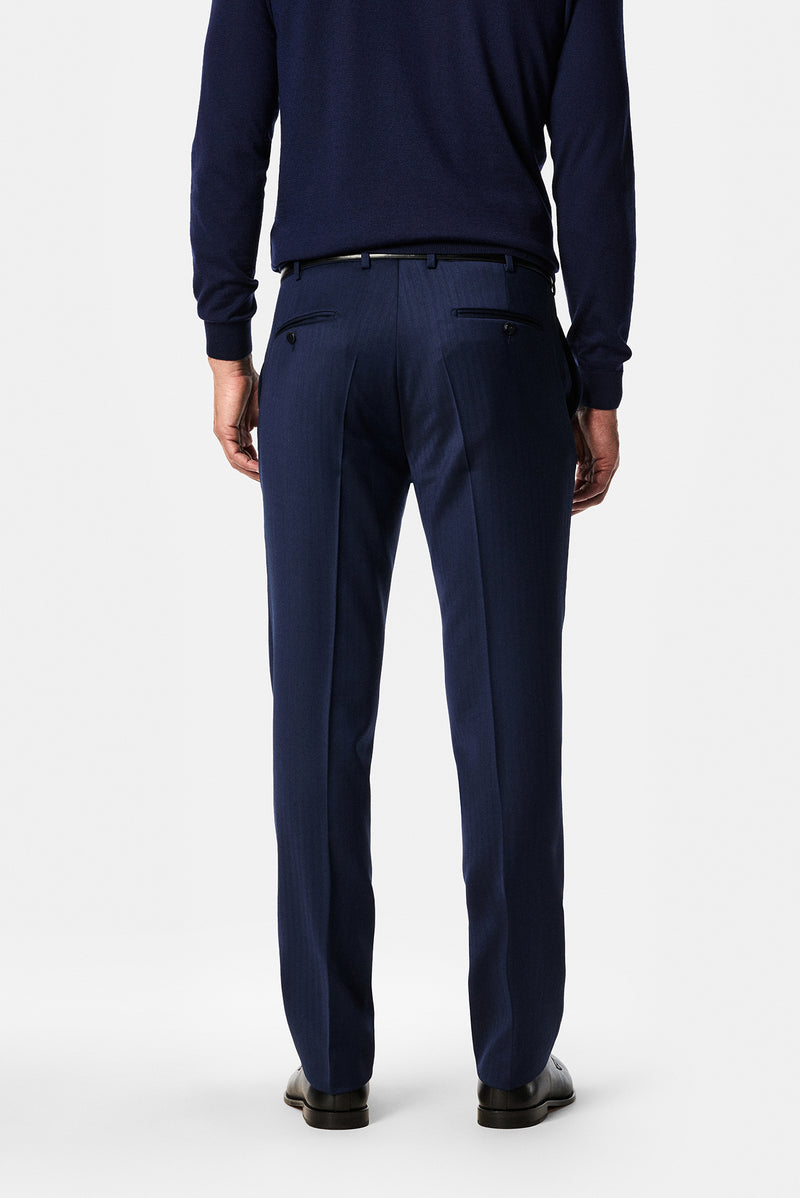 Koyu Lacivert 7 Drop Slim Fit Dar Kesim %100 Yün Desenli Klasik Kumaş Pantolon