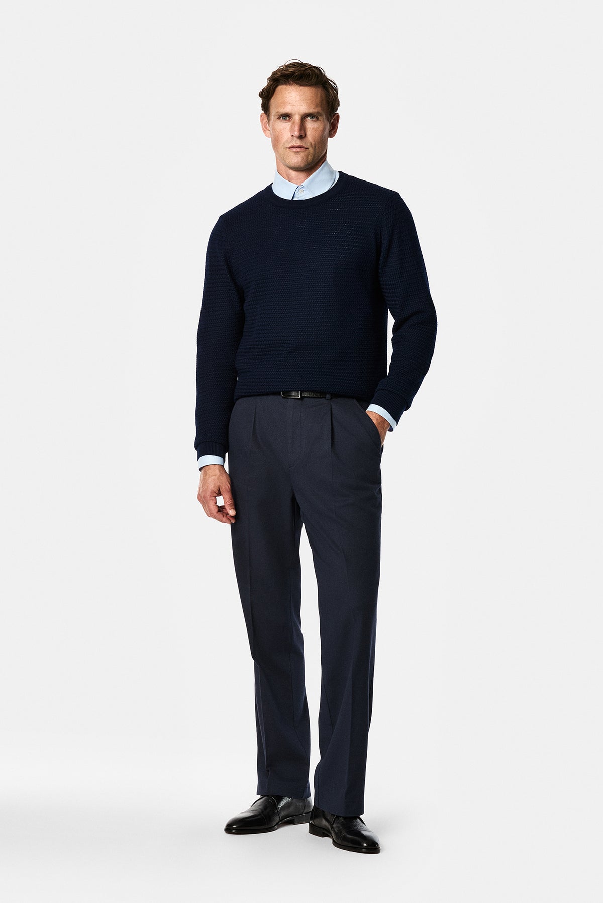 Koyu Lacivert Straight Wide Leg Modal Karışımlı Pileli Desenli Pantolon