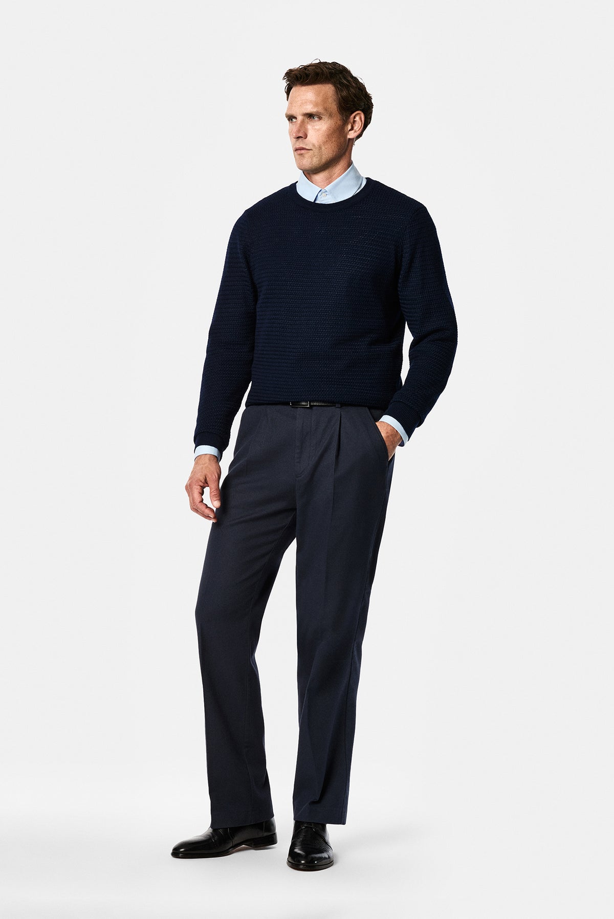 Koyu Lacivert Straight Wide Leg Modal Karışımlı Pileli Desenli Pantolon