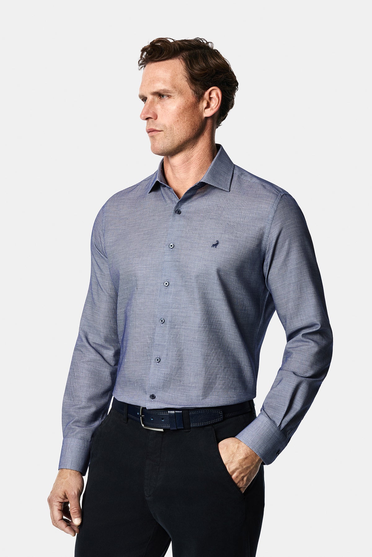 Koyu Lacivert Uzun Kol Slim Fit Pamuk Armürlü Gömlek